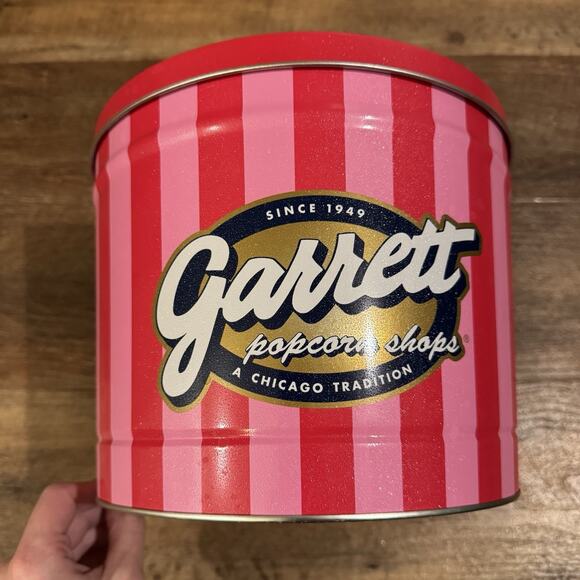 Garrett Popcorn Shops Tin Empty Pink Stripes 7" Tall 9" Diameter Chicago - Picture 3 of 13